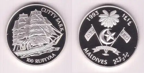 100 Rufiyaa Silbermünze Malediven 1993 Segelschiff Cutty Sark (155425)