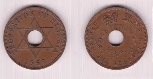1 Penny Bronze Lochmünze Nigeria 1959 Queen Elizabeth II. (155258)