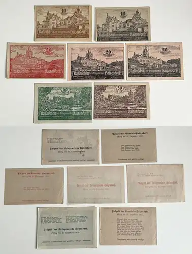 7 Banknoten 10 bis 50 Heller Notgeld Ortsgemeinde Haizendorf 1920 (155293)