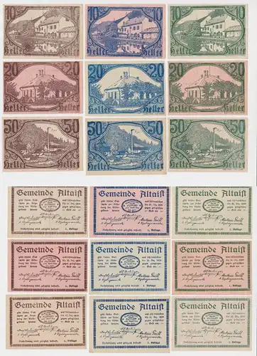 9 Banknoten 10 bis 50 Heller Notgeld Gemeinde Altaist 1920 (155517)