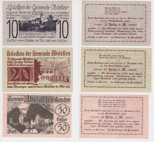 10, 20 und 50 Heller Banknoten Notgeld Gemeinde Abstetten 1920 (155464)