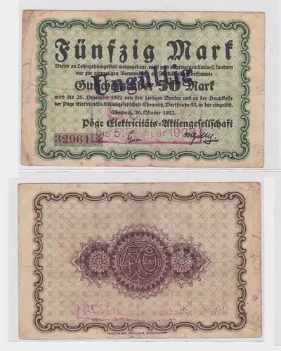 50 Mark Banknote Notgeld Chemnitz Pöge Elektrizitäts AG 26.10.1922 (120135)