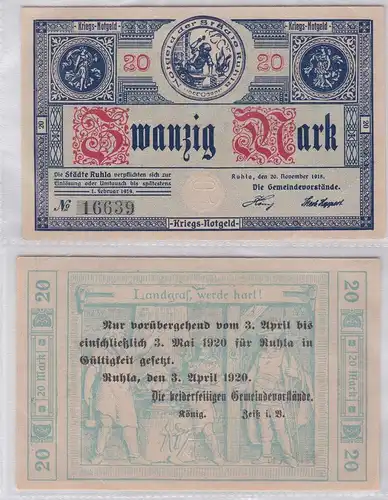 20 Mark Banknote Kriegsnotgeld Städte Ruhla 20.11.1918 mit Aufdruck (120015)