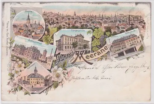 82383 Ak Lithographie Gruß aus Meerane Schlachthof, Webschule usw. 1898