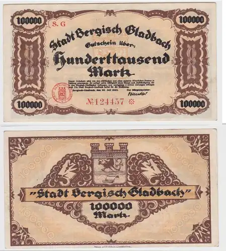 100000 Mark Banknote Stadt bergisch Gladbach 20.7.1923 (153834)