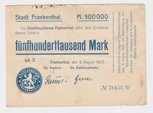 500000 Mark Banknote Inflation Stadt Frankenthal 3.8.1923 (153739)