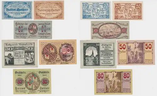 6x 10, 20, 50 und 80 Heller Banknote Kirchdorf an der Krems (135733)