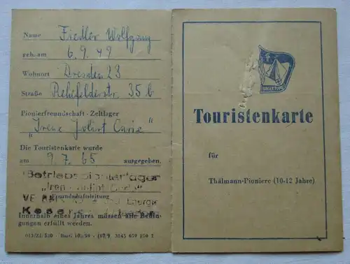 DDR Touristenkarte für Thälmann-Pioniere Betriebspionierlager 1965 (100632)