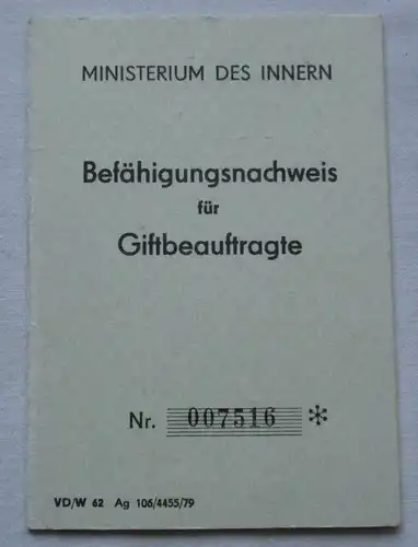 DDR Befähigungsnachweis für Giftbeauftragte Ministerium des Innern 1979 (100123)