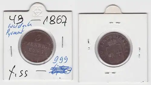3 Pfennig Kupfer Münze Waldeck und Pyrmont 1867 B (142120)