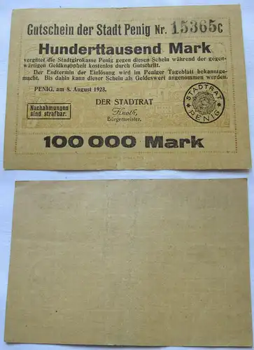 seltene Banknote Inflation 100000 Mark Stadt Penig 8.8.1923 (122507)