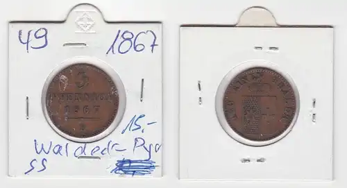 3 Pfennig Kupfer Münze Waldeck und Pyrmont 1867 B (142146)