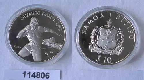 10 Tala Silbermünze Samoa Olympia Barcelona 1992, Kugelstosser 1991 (114806)