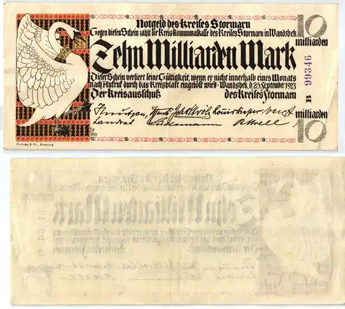 10 Milliarden Mark Banknote Inflation Kreis Stormarn 25.9.1923 (122813)