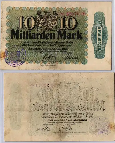 10 Milliarden Mark Banknote Amtskörperschaft Saulgau 20.10.1923 (121452)