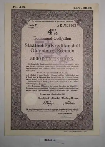 5000 RM Obligation Staatliche Kreditanstalt Oldenburg-Bremen 1.Sep 1941 (128946)
