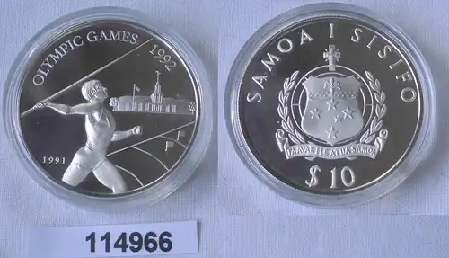 10 Tala Silbermünze Samoa Olympia Barcelona 1992, Speerwerfer 1991 (114966)