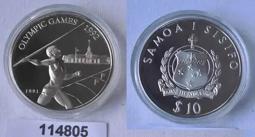 10 Tala Silbermünze Samoa Olympia Barcelona 1992, Speerwerfer 1991 (114805)