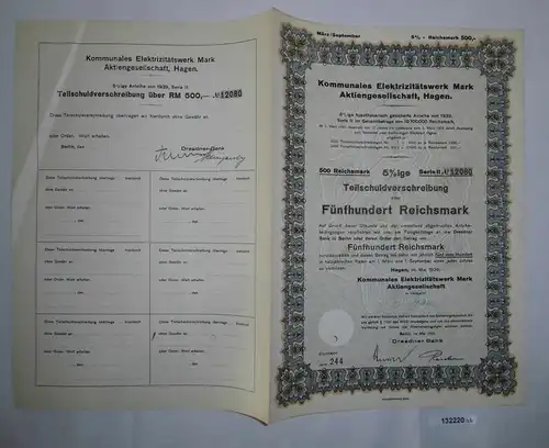 500 Mark Aktie Hagen kommunales Elektrizitätswerk Mai 1939 (132220)