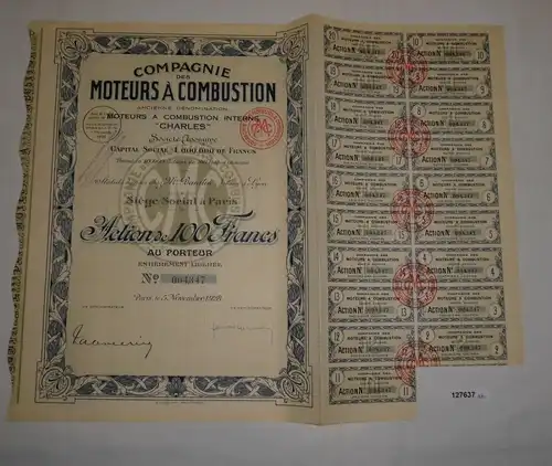 100 Franc Aktie Compagnie des Moteurs à Combustion "Charles" Paris 1928 (127637)