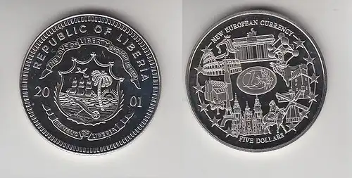 5 Dollar Nickel Münze Liberia 2001 Einführung Euro, Wahrzeichen der EU (116426)