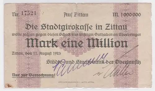 1 Million Mark Banknote Stadtgirokasse Zittau 11.8.1923 (115166)