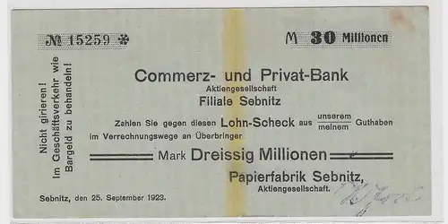 30 Millionen Mark Banknote Papierfabrik Sebnitz 25.09.1923 (118745)