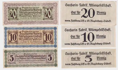 5,10 & 20 Pf Banknote Notgeld Sacharin Fabrik Magdeburg v.Fahlberg List (116094)