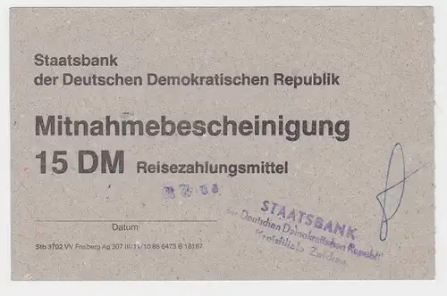 15 DM Reisezahlungsmittel Mitnahmebescheinigung DDR 1989 (118950)