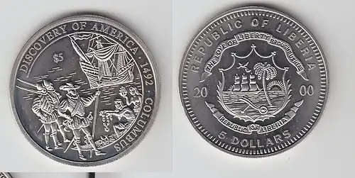 5 Dollar Nickel Münze Liberia 2000 Kolumbus Entdeckung Amerikas 1492 (116511)