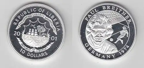 10 Dollar Silber Münze Liberia 2001 Fussball WM 1974 Paul Breitner (116469)
