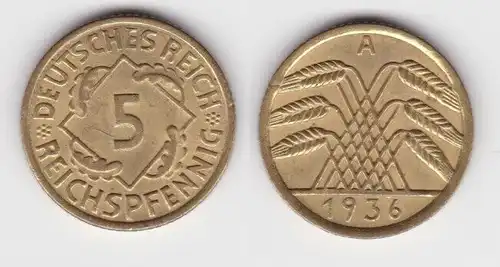 5 Reichspfennig Messing Münze Deutsches Reich 1936 A Jäger 316 Stgl.(142875)