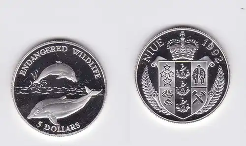 5 Dollar Silber Münze Niue 1992 bedrohte Tierwelt 2 Delphine (117275)