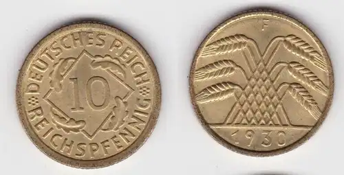 10 Reichspfennig Messing Münze Deutsches Reich 1930 F, Jäger 317 Stgl. (143399)