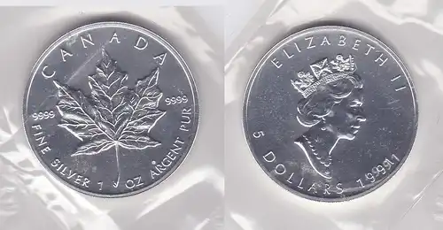 5 Dollar Silber Münze Canada Kanada Maple Leaf 1991 (118028)