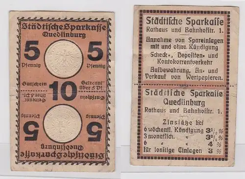 5 + 5 Pfennig Banknote Notgeld Städt.Sparkasse Quedlinburg 1921 (158650)