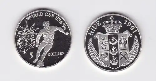 5 Dollar Silber Münze Niue 1991 Fussball WM USA 1994  (119706)