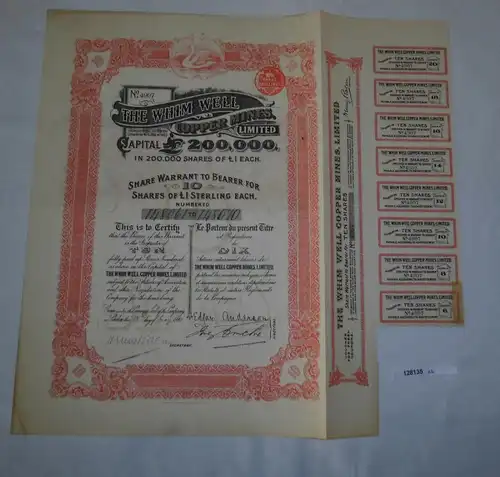 10 Aktien à 1 Pfund Aktie The Whim Well Copper Mines London 18.Mai 1910 (128135)