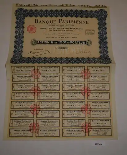 100 Francs Aktie Banque Parisienne Société Anonyme Française 1933 (127763)