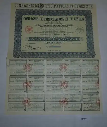 100 Francs Aktie Compagnie de Participations et de Gestion Lyon 1936 (127803)