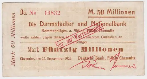 50 Millionen Mark Banknote Darmstädter & Nationalbank Chemnitz 22.9.1923(116743)