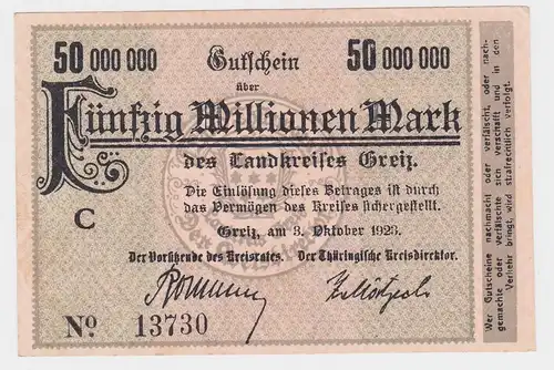 50 Millionen Mark Banknote Landkreis Greiz 3.10.1923 (117491)