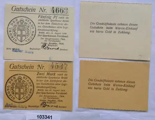 50 Pfennig & 2 Mark Banknoten Notgeld Sparkasse Brühl 14.8.1914 (103341)