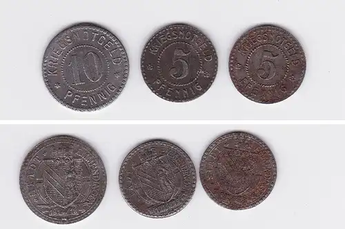 2 x5 und 10 Pfennig Eisen Notgeld Münzen Stadt Emmendingen 1914/18 (103987)