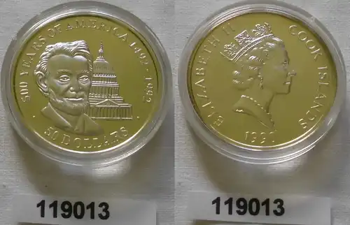 50 Dollar Silbermünze Cook Inseln 500 Jahre Amerika Kapitol Abr. Lincoln(119013)