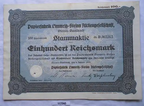 Aktie 100 Mark Papierfabrik Limmritz Steina 2.Januar 1929 (117045)