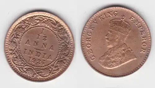 1/12 Anna Kupfer Münze Indien 1924 vz/Stgl. (143318)
