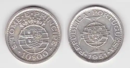 10 Escudos Silber Münze 1951 Sao Tome und Principe vz KM 14 (143018)