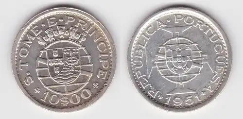 10 Escudos Silber Münze 1951 Sao Tome und Principe vz KM 14 (140045)