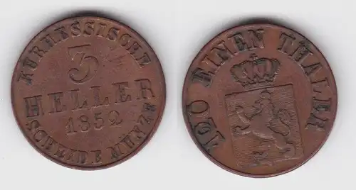 3 Heller Kupfer Münze Hessen Kassel 1852 ss (140642)